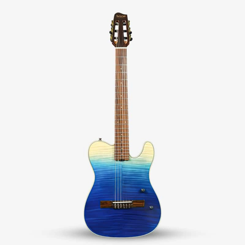 [3650] Sqoe SEGD900 Electroacoustic Silent Nylon Guitar with Piezo Pickups, Quilted Maple Top - Caribbean Fade Surf