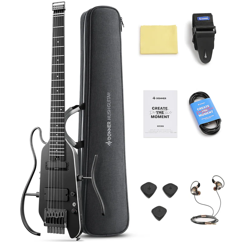 [HUSHX-PRO-BK] Donner HUSH-X Pro Electric Guitar Kit, Travel Compact Guitar Build in Effect, Black