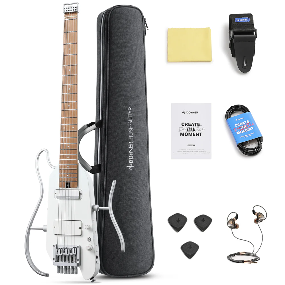 [HUSHX-PRO-WH] Donner HUSH-X Pro Electric Guitar Kit, Travel Compact Guitar Build in Effect, White
