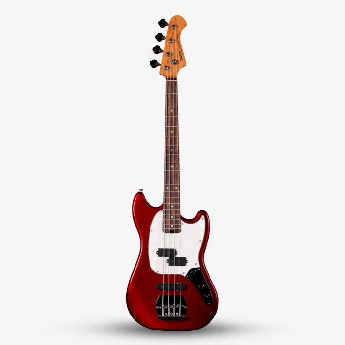 Sqoe SJB400 RD Short Scale 4 String Jazz Bass Guitar, Roasted Maple Neck, Rosewood Fretboard - Red